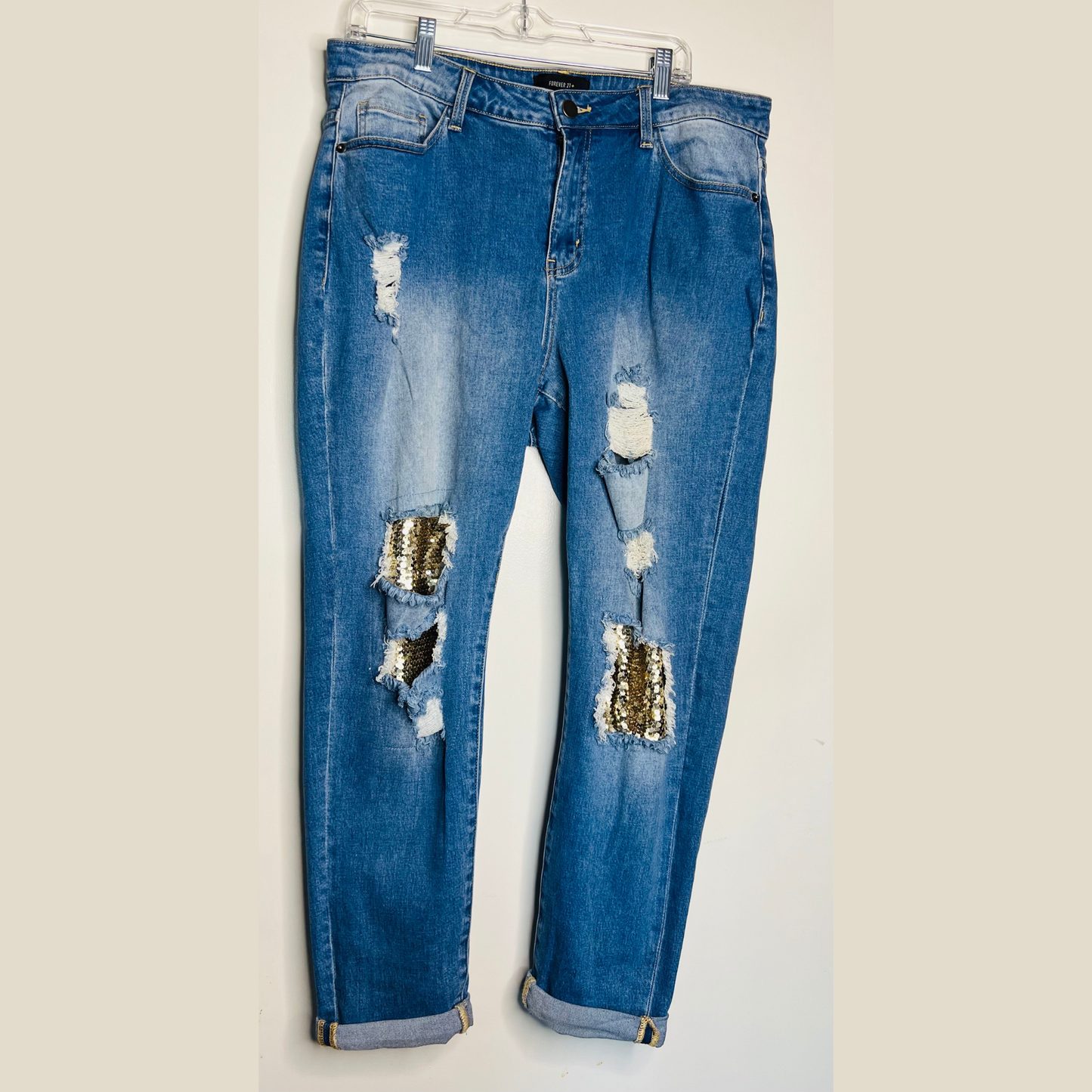 Forever 21 Sequin Ripped Gold Jeans