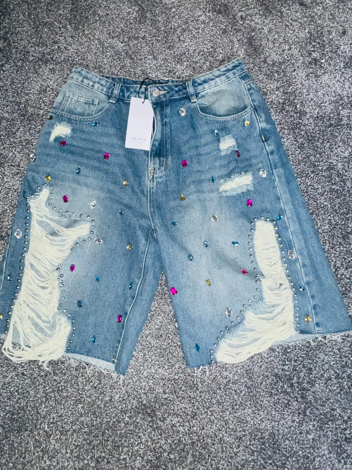 AKIRA Rhinestone Distressed Bermuda Denim Shorts