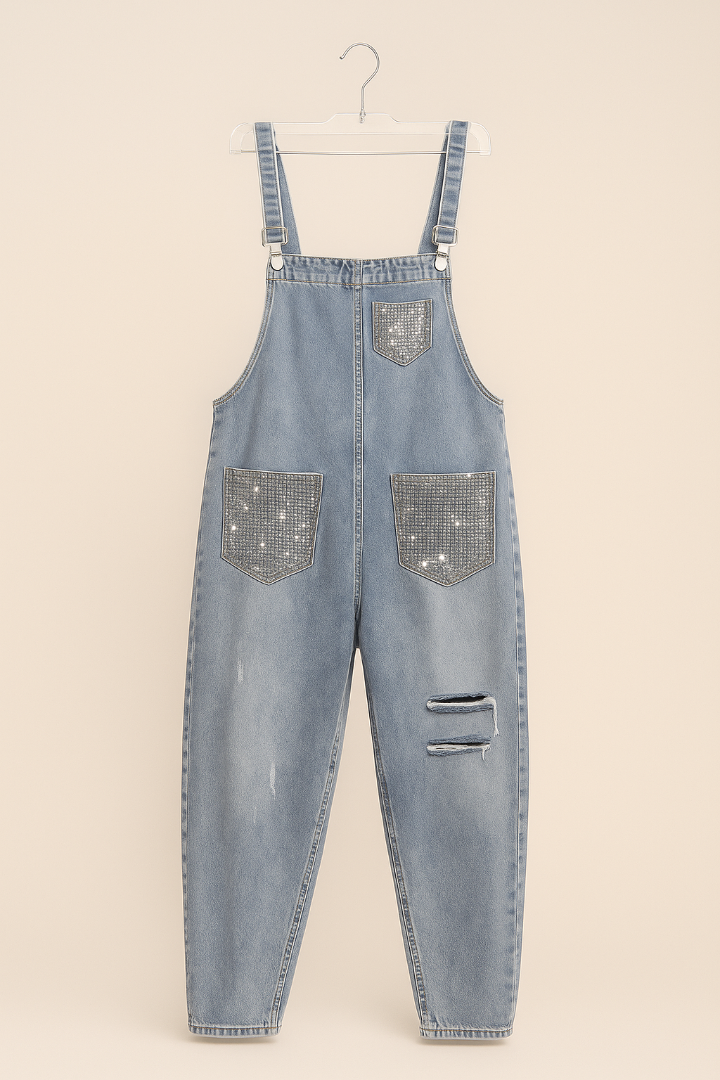 Women's Denim Distressed Overalls with Metal Beads