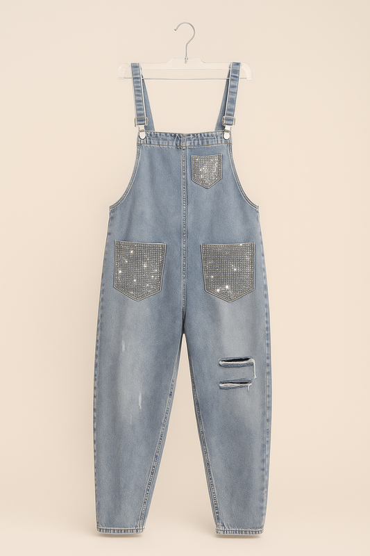Women's Denim Distressed Overalls with Metal Beads