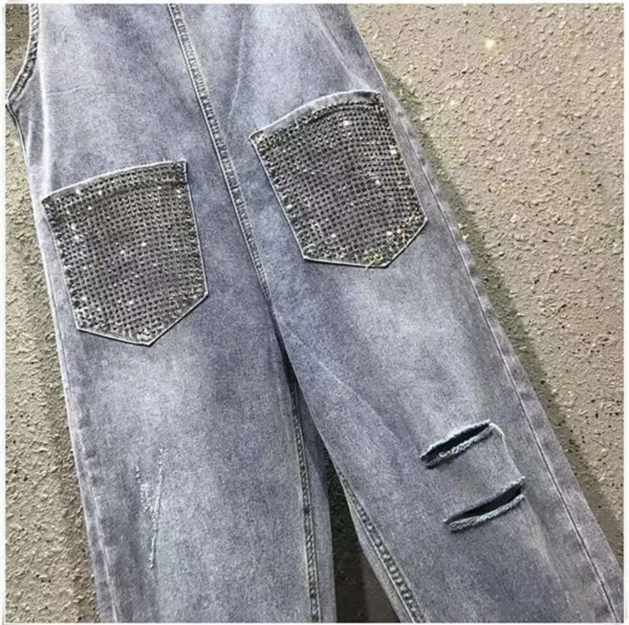 Women's Denim Distressed Overalls with Metal Beads