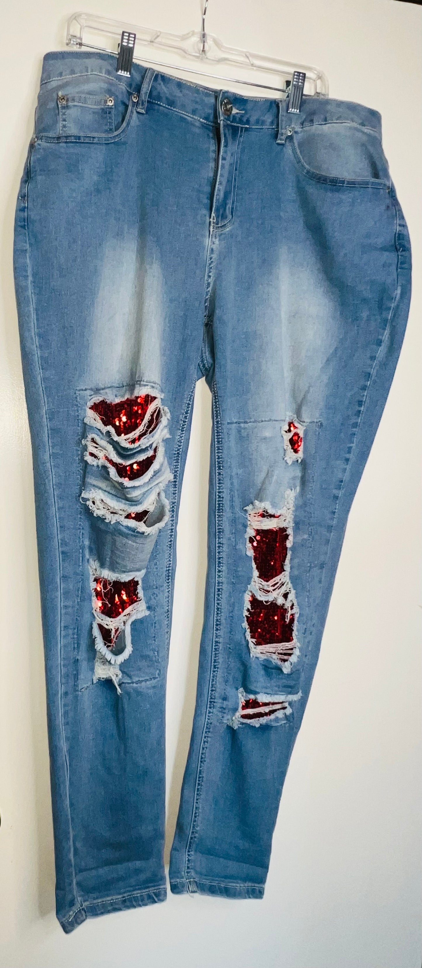 Sequin Ripped Red Jeans
