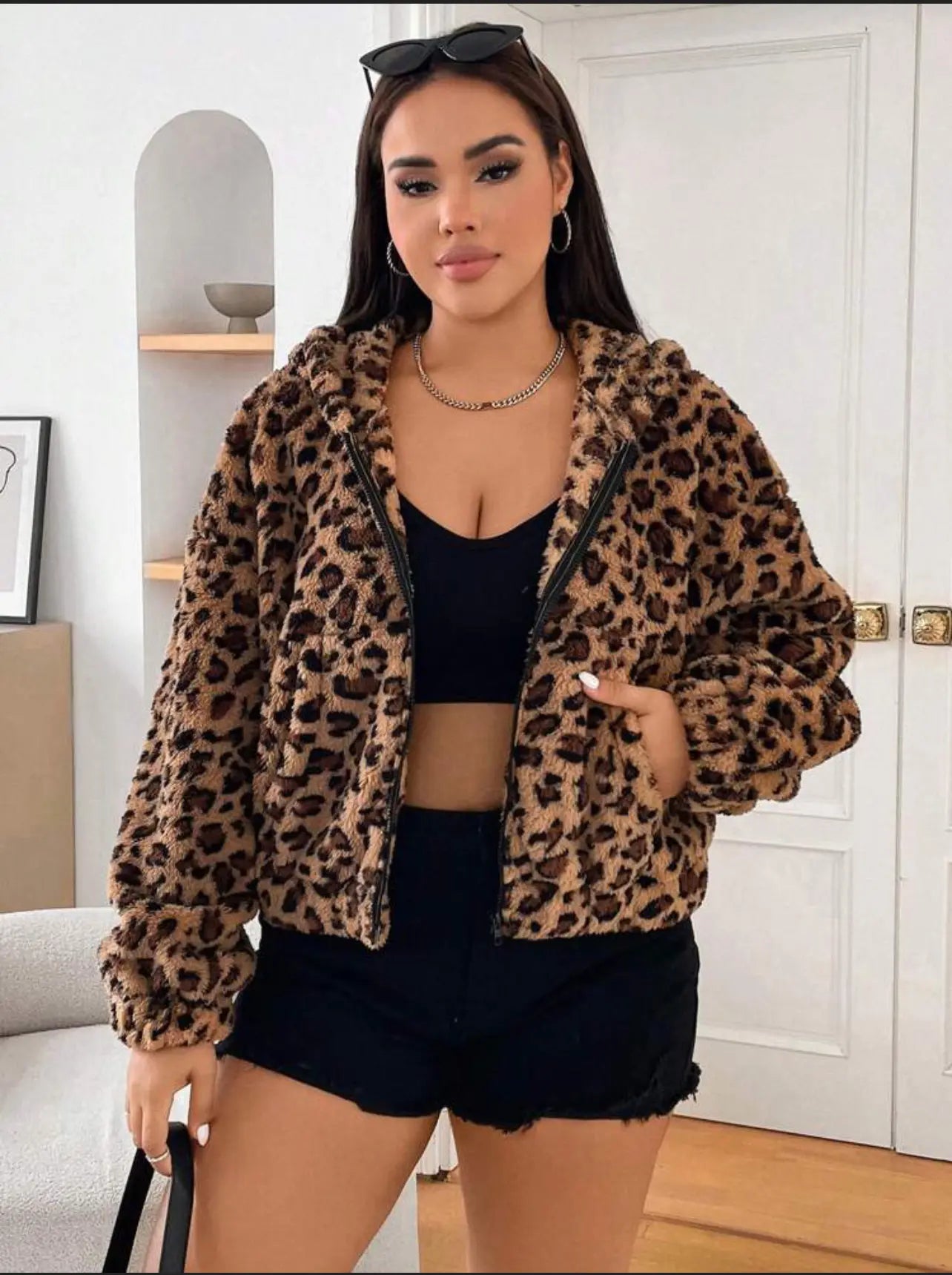 Leopard Print Zip-Up Hooded Jacket