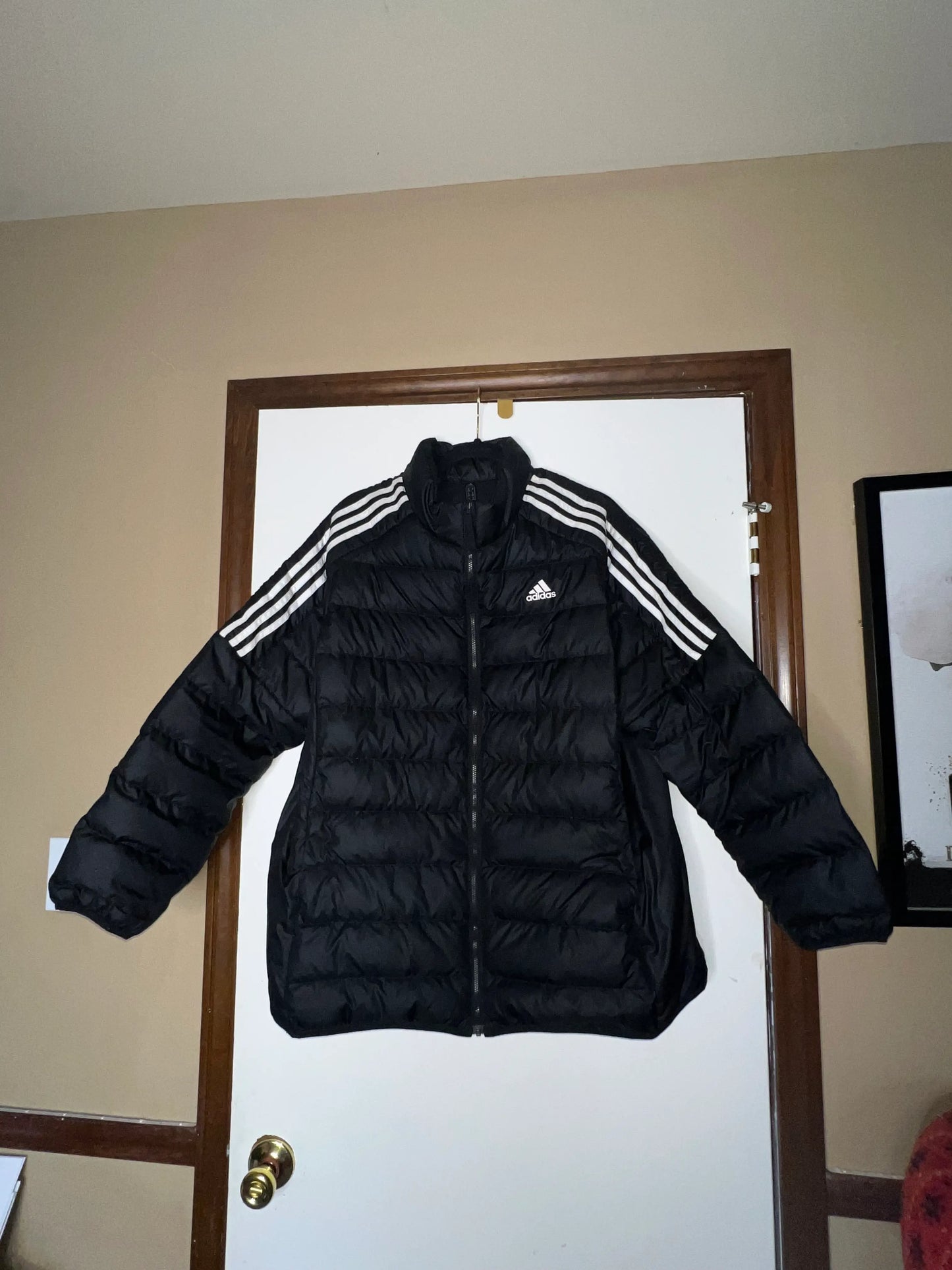 Addidas Black Quilted Jacket With White Stripes