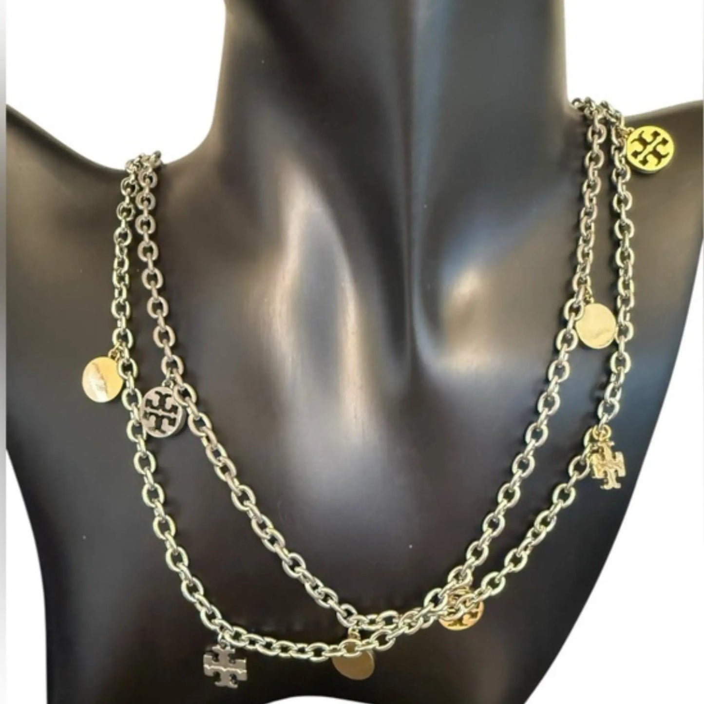 Tory Burch Silver and Gold-Tone Logo Necklace with Dust Bag