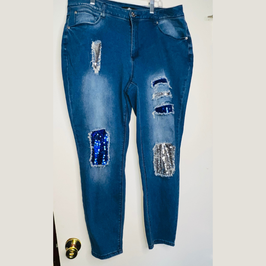 Sequin Ripped Blue & Silver Jeans